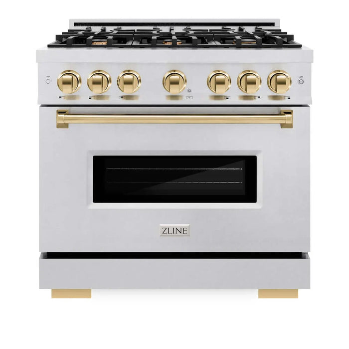 ZLINE 36" Dual Fuel Range, Gas Cooktop, Electric Convection Oven DuraSnow® Stainless Steel, Gold CDRSZ-36-G