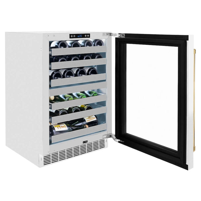 ZLINE 24" Touchstone Dual Zone 44 Bottle Wine Cooler White Matte Glass Door Polished Gold Handle RWDOZ-WM-24-G