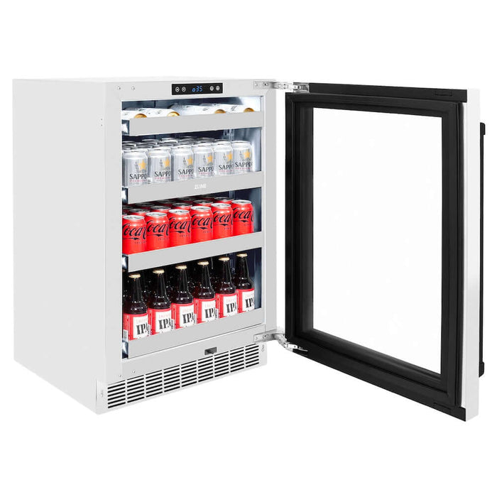 ZLINE 24" Touchstone 151 Can Beverage Fridge White Matte Glass Door Matte Black Handle RBSOZ-WM-24-MB