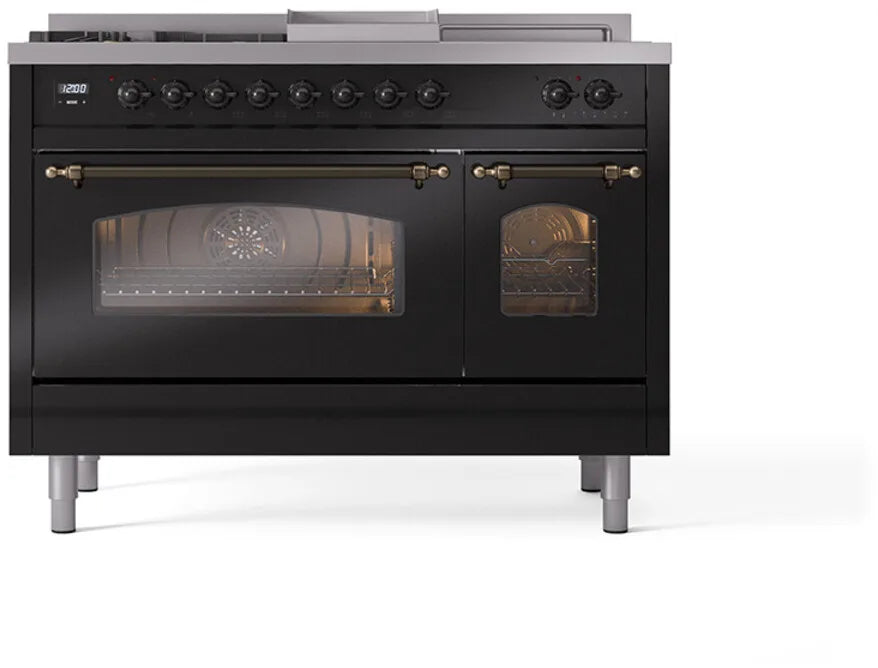 ILVE Nostalgie II 48"  Dual Fuel Natural Gas Range Glossy Black Bronze Trim UP48FSNMPBKB