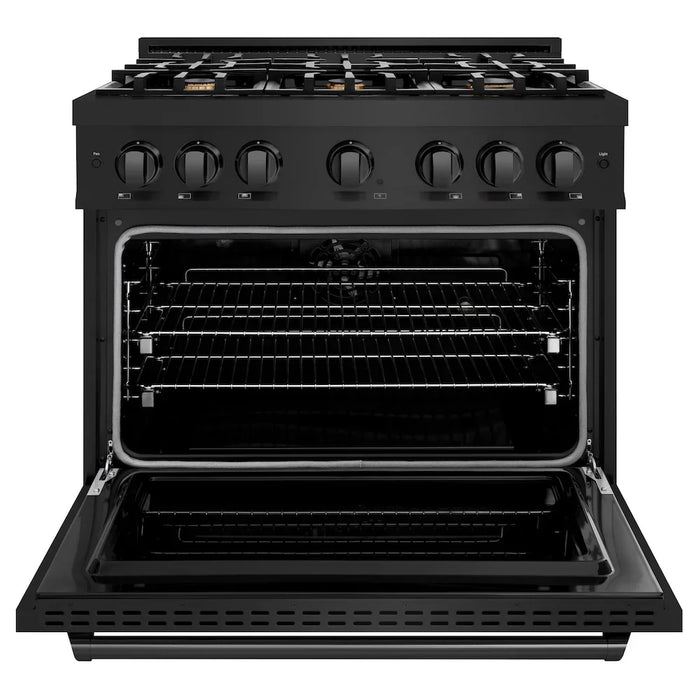 ZLINE 36" Dual Fuel Range, Gas Cooktop, Electric Convection Oven Black Stainless Steel Brass Burners, CDRB-BR-36