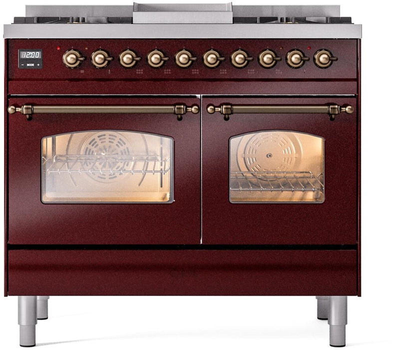 ILVE Nostalgie II 40" Dual Fuel Liquid Propane Range, Burgundy, Bronze Trim UPD40FNMPBUBLP
