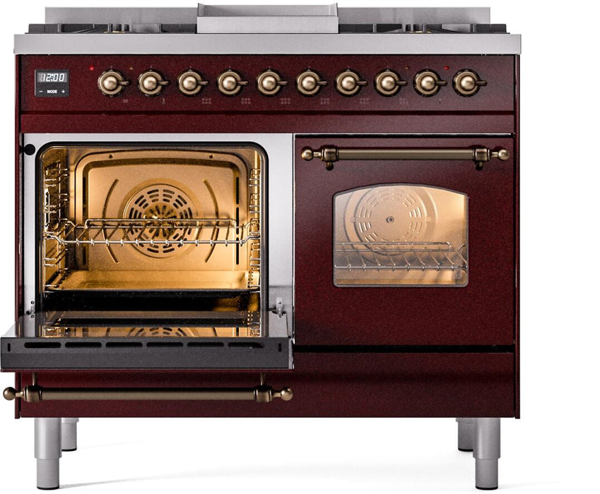 ILVE Nostalgie II 40" Dual Fuel Liquid Propane Range, Burgundy, Bronze Trim UPD40FNMPBUBLP