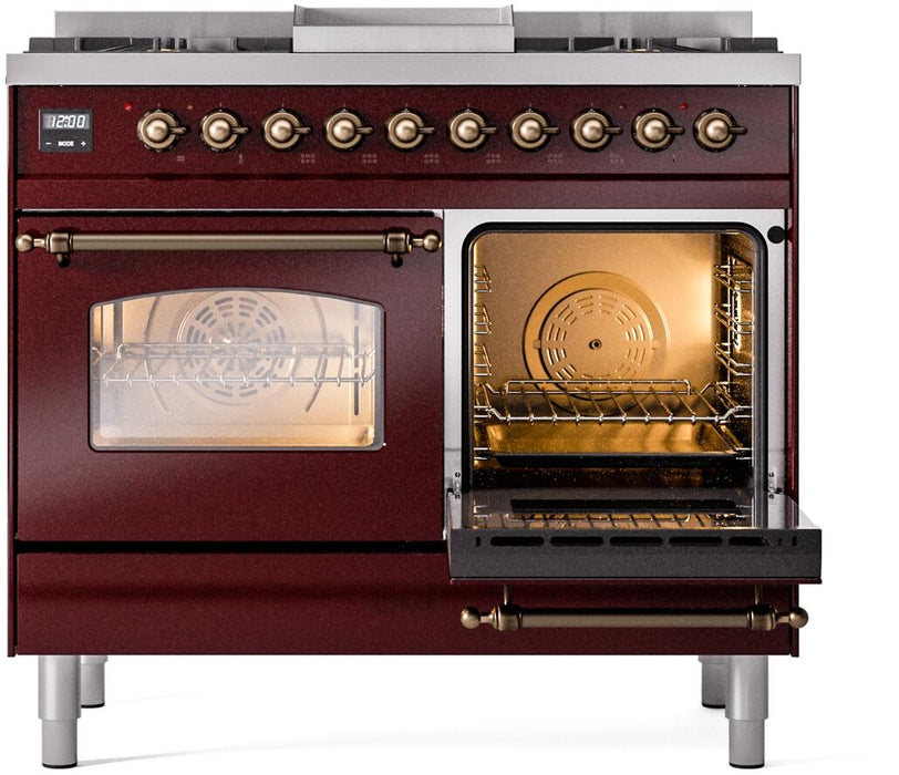 ILVE Nostalgie II 40" Dual Fuel Liquid Propane Range, Burgundy, Bronze Trim UPD40FNMPBUBLP
