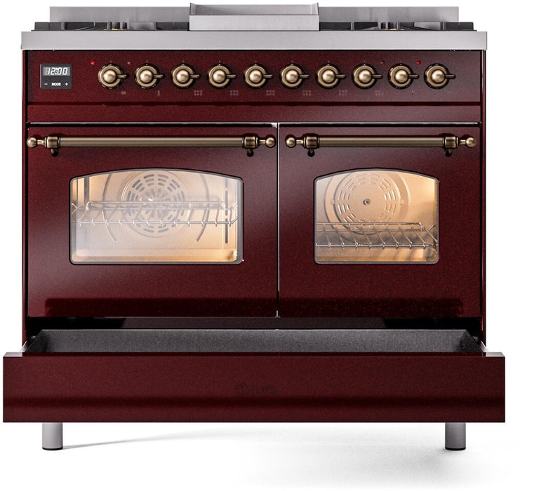 ILVE Nostalgie II 40" Dual Fuel Liquid Propane Range, Burgundy, Bronze Trim UPD40FNMPBUBLP