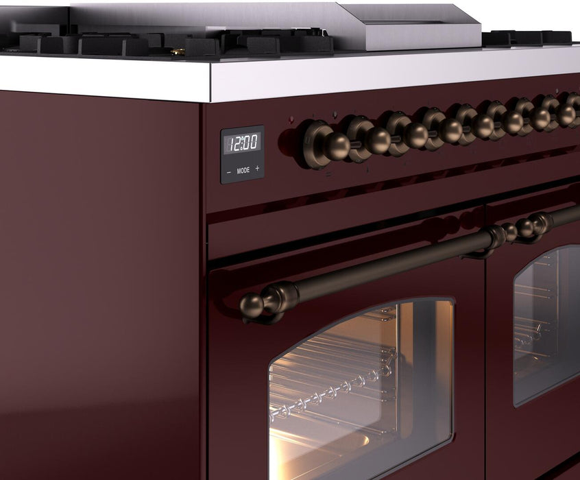 ILVE Nostalgie II 40" Dual Fuel Liquid Propane Range, Burgundy, Bronze Trim UPD40FNMPBUBLP