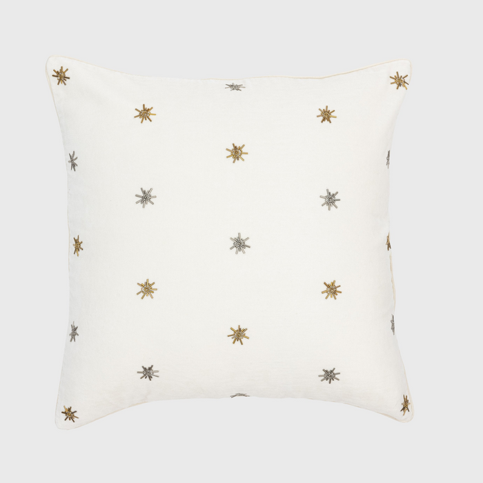 Embroidered star pillow, cream cotton velvet