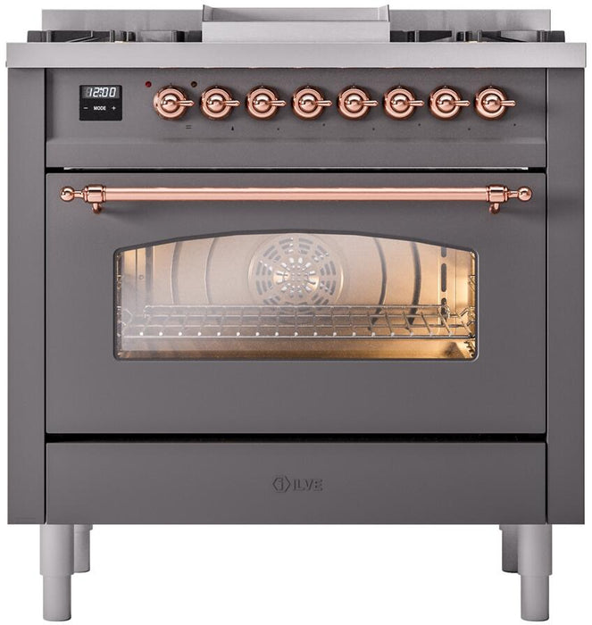 ILVE Nostalgie II 36" Dual Fuel Natural Gas Range, Matte Graphite, Copper Trim UP36FNMPMGP