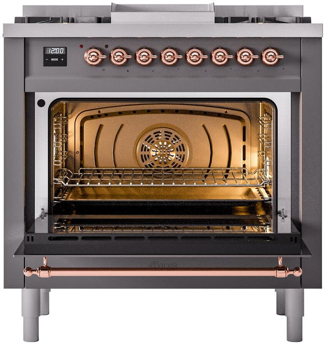 ILVE Nostalgie II 36" Dual Fuel Liquid Propane Range, Matte Graphite, Copper Trim UP36FNMPMGPLP