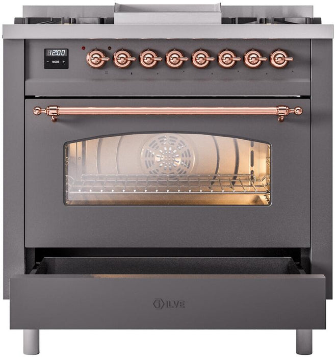 ILVE Nostalgie II 36" Dual Fuel Liquid Propane Range, Matte Graphite, Copper Trim UP36FNMPMGPLP