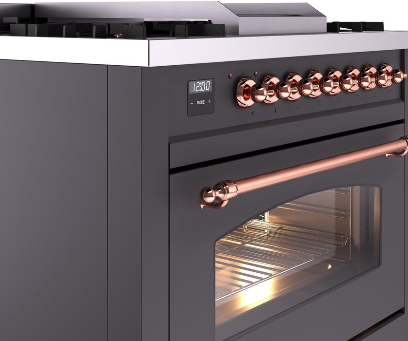 ILVE Nostalgie II 36" Dual Fuel Natural Gas Range, Matte Graphite, Copper Trim UP36FNMPMGP