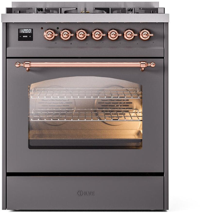 ILVE Nostalgie II 30" Dual Fuel Liquid Propane Range, Matte Graphite, Copper Trim UP30NMPMGPLP