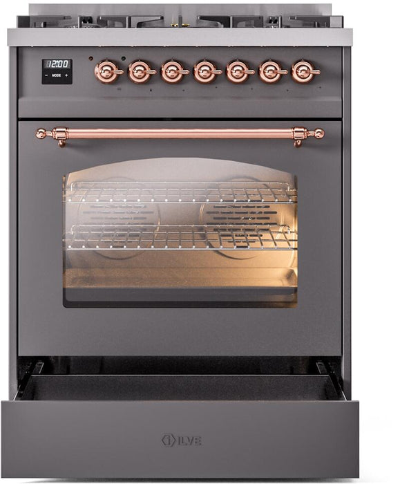 ILVE Nostalgie II 30" Dual Fuel Liquid Propane Range, Matte Graphite, Copper Trim UP30NMPMGPLP