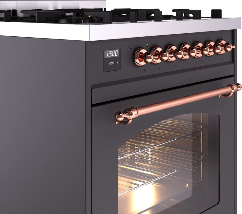 ILVE Nostalgie II 30" Dual Fuel Natural Gas Range, Matte Graphite, Copper Trim UP30NMPMGP