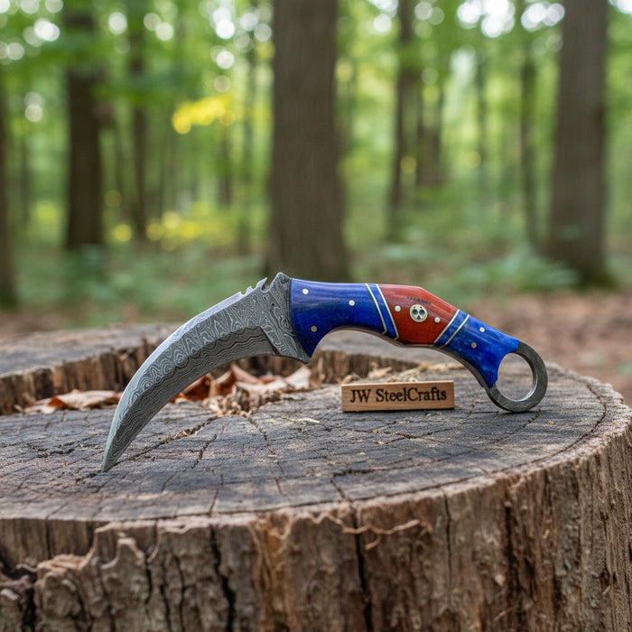 Damascus Karambit Knife with Blue Wood Handle, Finger Ring, and Sheath