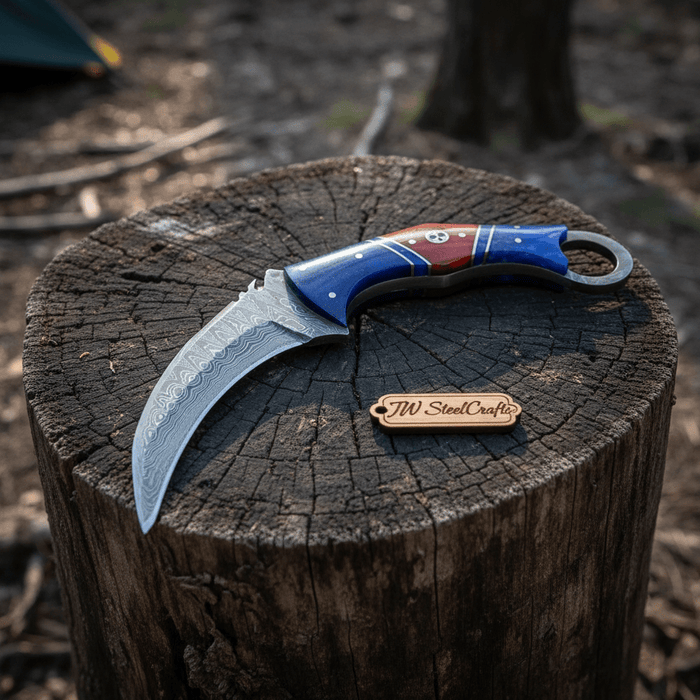 Damascus Karambit Knife with Blue Wood Handle, Finger Ring, and Sheath