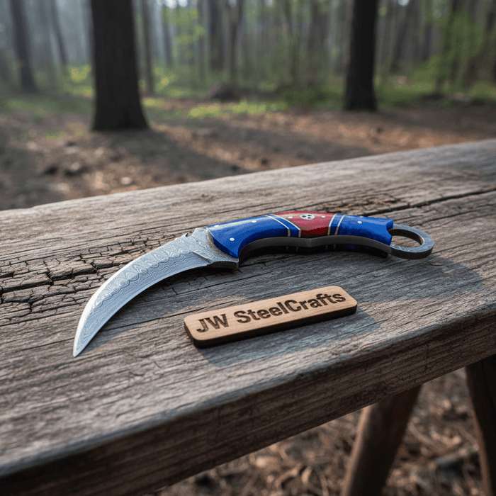 Damascus Karambit Knife with Blue Wood Handle, Finger Ring, and Sheath