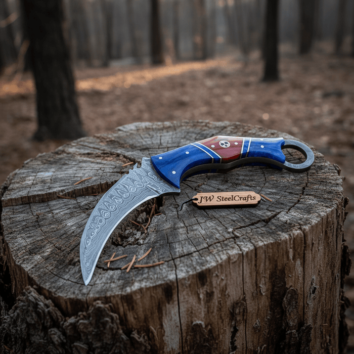 Damascus Karambit Knife with Blue Wood Handle, Finger Ring, and Sheath