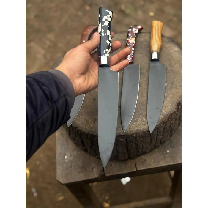 8-Inch Chef Knife — Black-Finished Blade with Choice of Designer Handle (Rosewood, Olive Wood, or Resin Options)