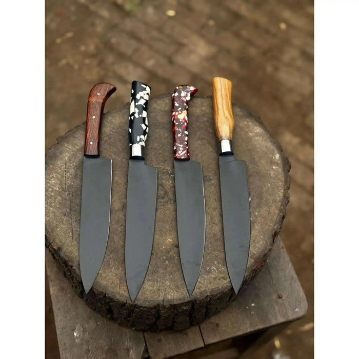 8-Inch Chef Knife — Black-Finished Blade with Choice of Designer Handle (Rosewood, Olive Wood, or Resin Options)