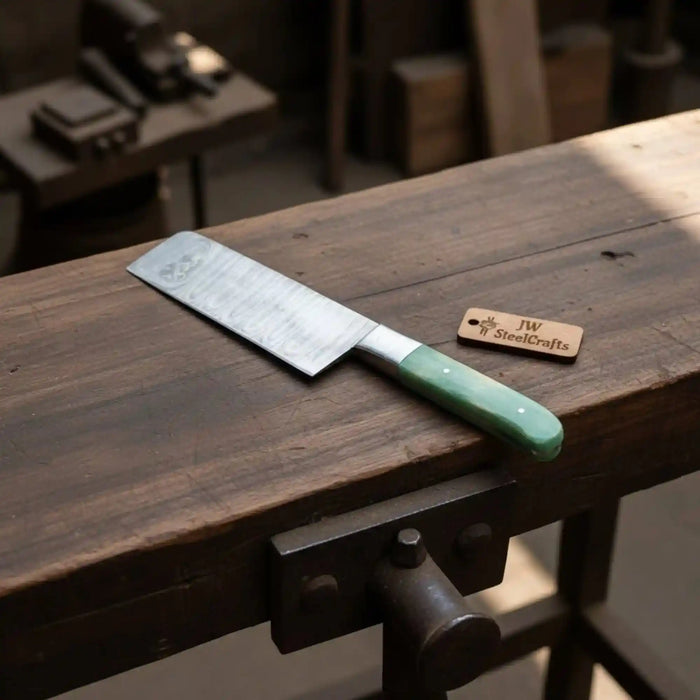 Chinese-Style Vegetable Cleaver with Damascus Blade and Green Bone Handle by JW SteelCrafts