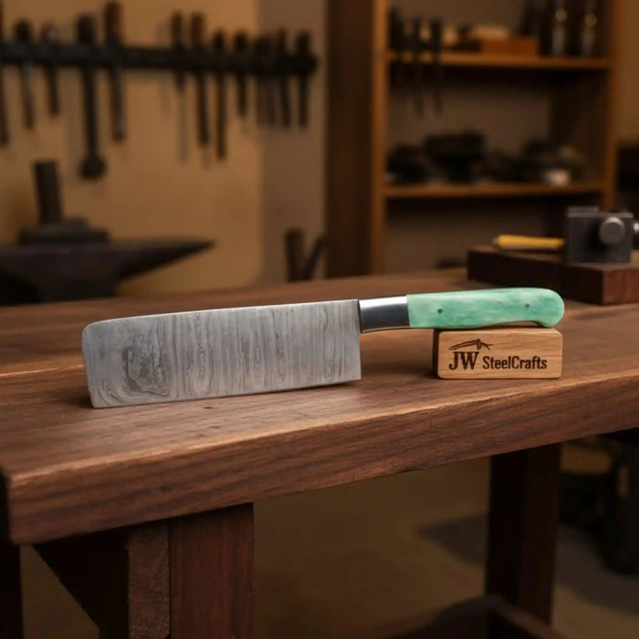 Chinese-Style Vegetable Cleaver with Damascus Blade and Green Bone Handle by JW SteelCrafts