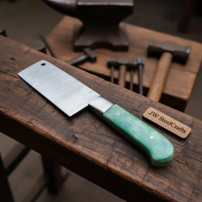 Chinese-Style Vegetable Cleaver with Damascus Blade and Green Bone Handle by JW SteelCrafts