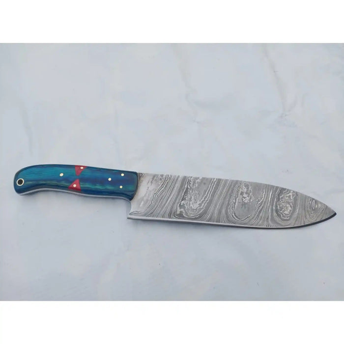 8-Inch Gyuto Chef Knife Twisted Damascus Blade with Blue & Red Pakka Wood Handle (Full Tang, Hand-Forged)