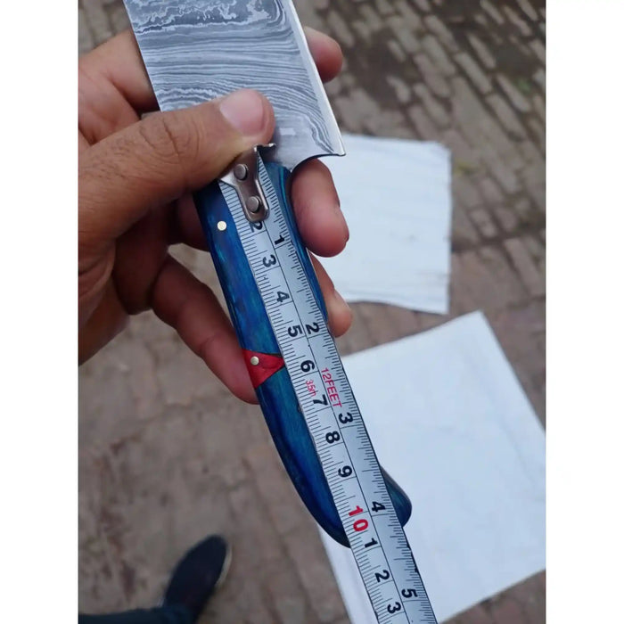 8-Inch Gyuto Chef Knife Twisted Damascus Blade with Blue & Red Pakka Wood Handle (Full Tang, Hand-Forged)