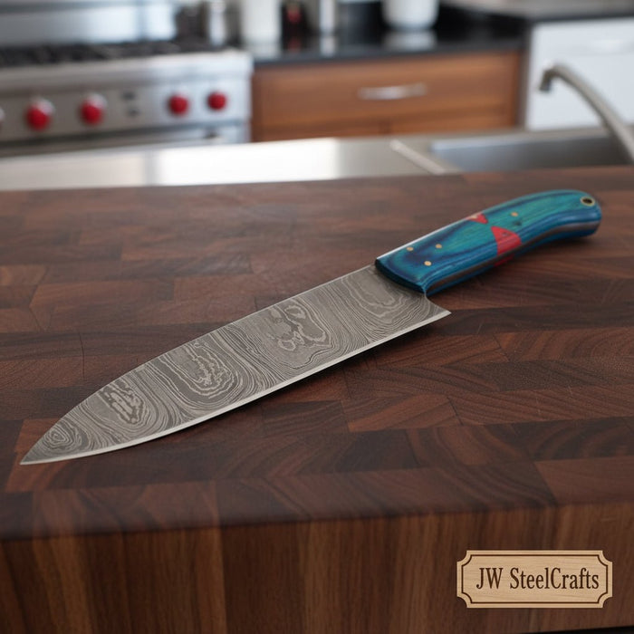 8-Inch Gyuto Chef Knife Twisted Damascus Blade with Blue & Red Pakka Wood Handle (Full Tang, Hand-Forged)