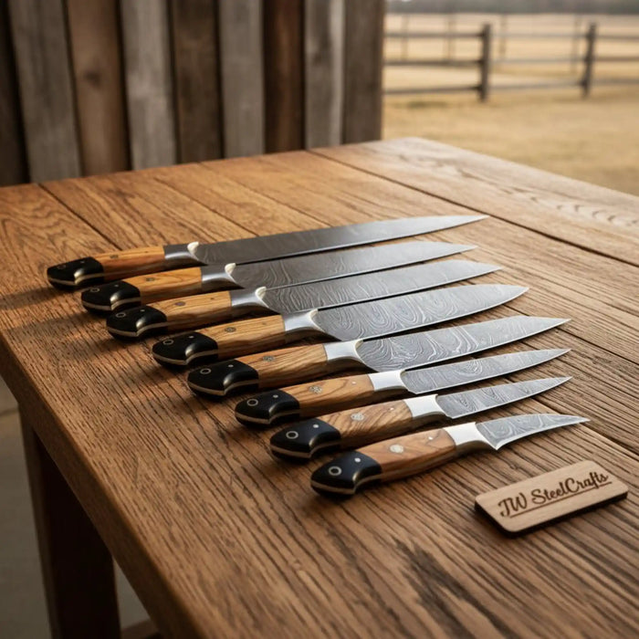 8-Piece Damascus Fillet & Precision Utility Knife Set — Olive Wood & Black Resin Handles, Full Tang with Steel Bolster