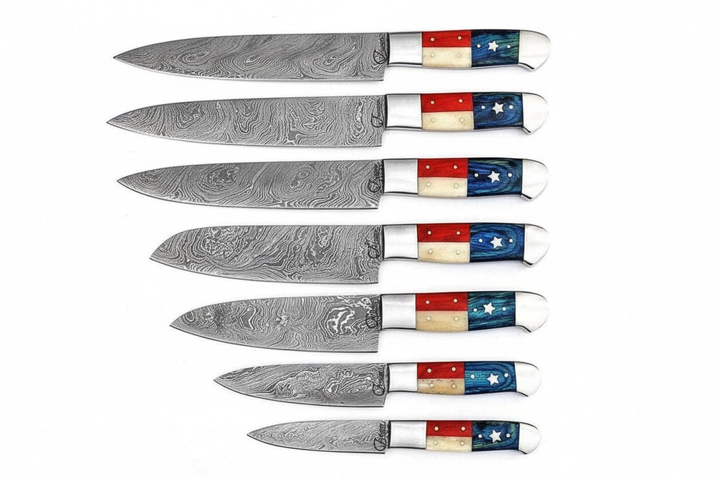 8-Piece Damascus Kitchen Knife Set, Texas Flag Handles, Full Tang - Chef, Bread, Utility, Paring