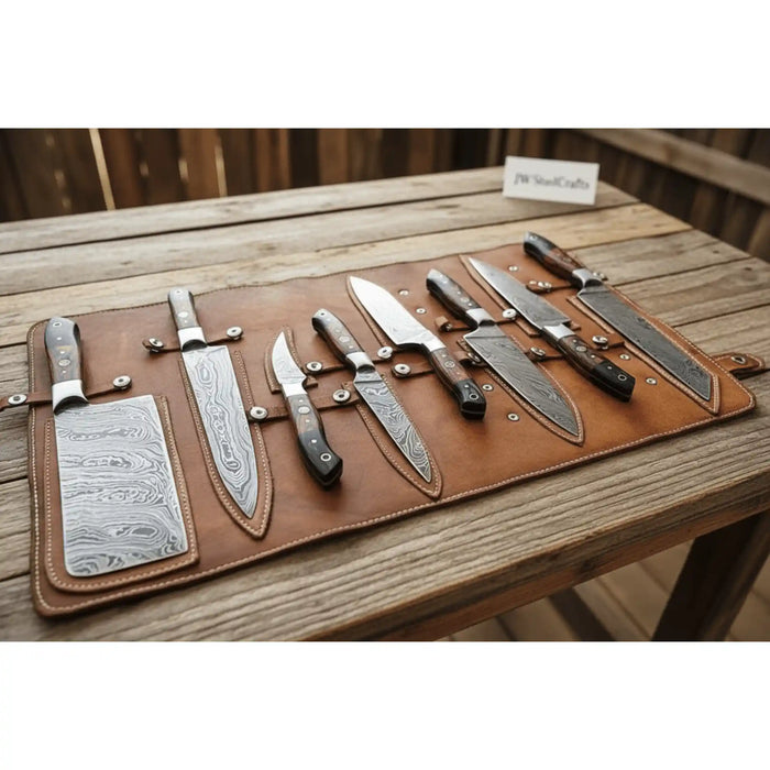 8-Piece Damascus Kitchen Knife Set — 7 to 13 Inch Blades with Black and Red Pakka Wood Handles, Mosaic Pins & Leather Roll | JW Steel Crafts