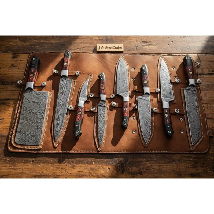 8-Piece Damascus Kitchen Knife Set — 7 to 13 Inch Blades with Black and Red Pakka Wood Handles, Mosaic Pins & Leather Roll | JW Steel Crafts