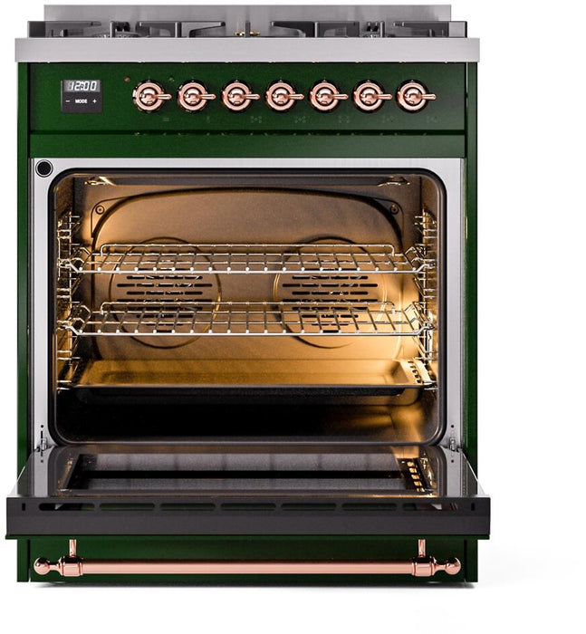 ILVE Nostalgie II 30" Dual Fuel Liquid Propane Range, Emerald Green, Copper Trim UP30NMPEGPLP