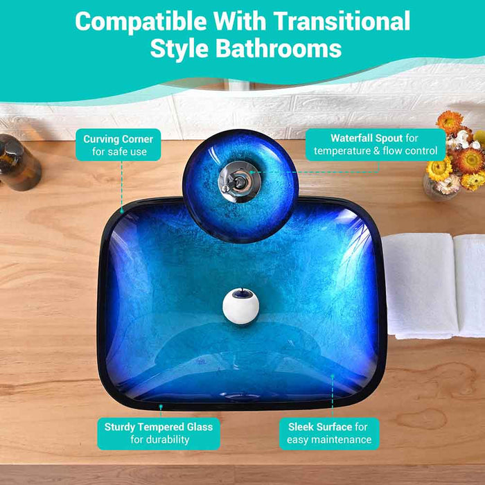 Aquaterior Rectangular Glass Sink Basin & Waterfall Faucet Kit