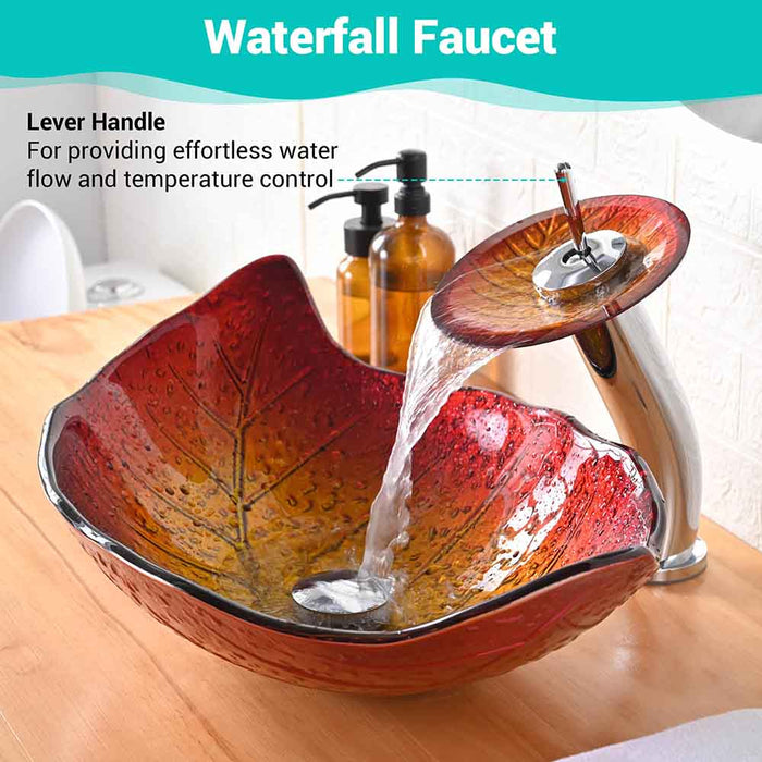 Aquaterior Glass Leaf Sink Basin & Waterfall Faucet Kit