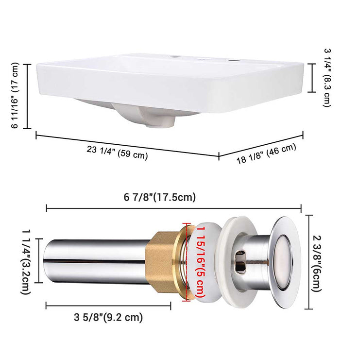 Aquaterior Porcelain Drop-in Sink Overflow w/ Drain 23x18