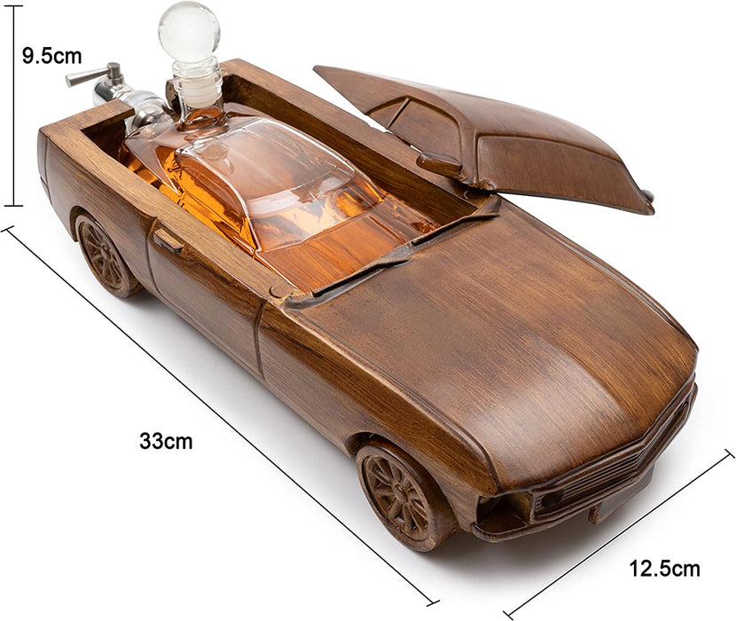 Car Wine & Whiskey Decanter Set 500ml by The Wine Savant 13" L - Wooden Car Figurine, Fastback Car Gifts, Bar Gifts, Parties, Birthdays
