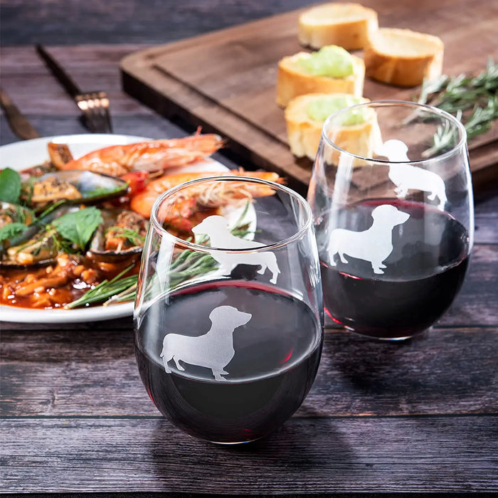 Set of 2 Dog Daschund Stemless Wine Glasses by The Wine Savant - Wiener Dog Puppy & Doggy Lover for Him & Her - Dogs Silhouette - Glass Gifts Etched Tumblers for Anniversary, Wedding, Home Bar Gifts