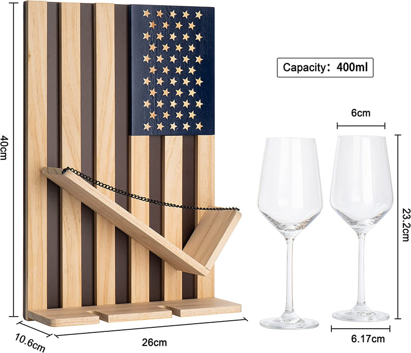 The Wine Savant American Flag Wall Mounted Wine Rack, Beautiful Wine & Bottle Holder & 2 Glasses Patriotic Home Decor - Storage Display Holder - Patriots, Veterans, Military 16" H - Gift Idea Gifts
