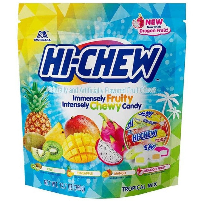 Morinaga Hi Chew Tropical Mix Stand Up Pouch Chewy Candy Kiwi, Pineapple, Mango and Dragon Fruit, 12.7 oz
