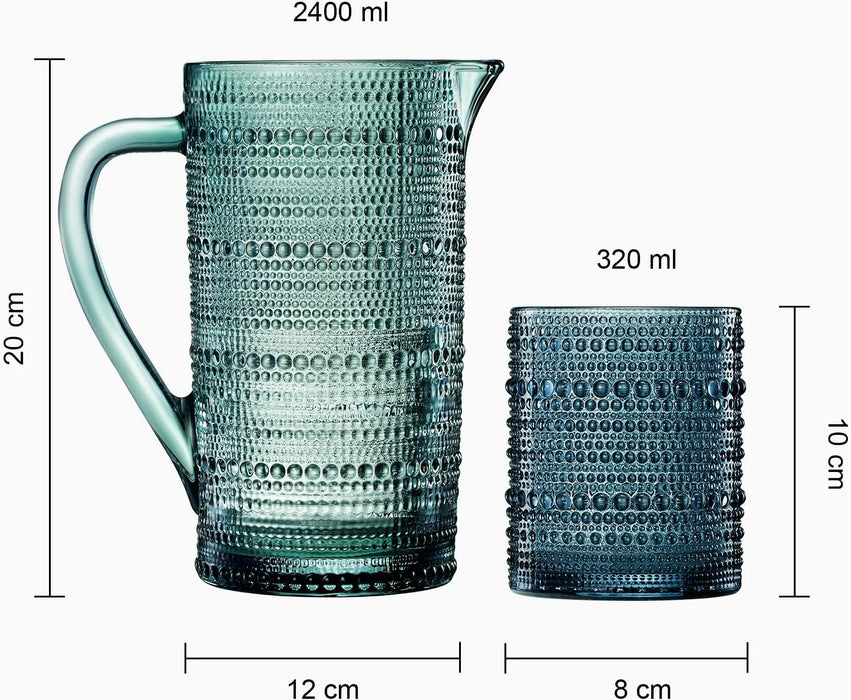 Hobnail Beaded Pitcher & Tumbler Glasses Set | Set of 6 Glasses & Carafe
