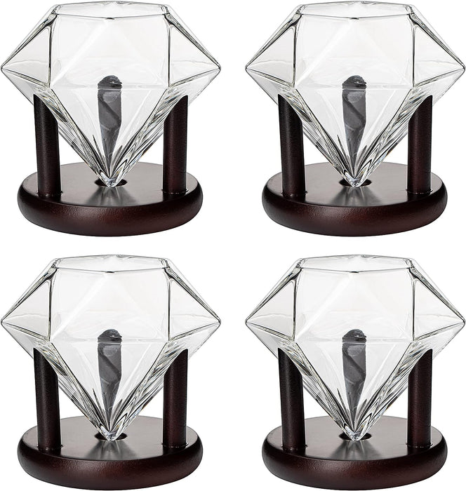 Set of 4 Diamond Whiskey & Wine Glasses With Wood Stands 10oz - Wine, Whiskey, Water, Diamond Shaped, Diamonds Collection Sparkle Patented Wine Savant - Stands Alone, Or on Stand