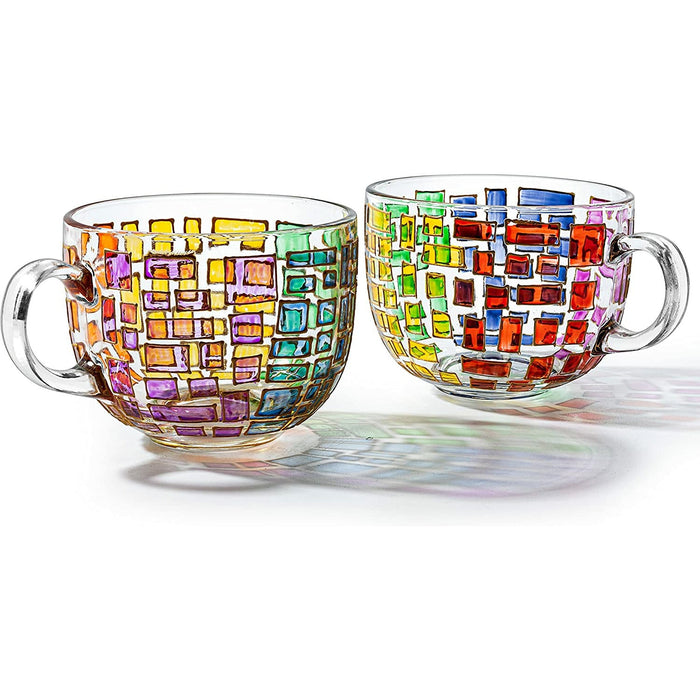The Wine Savant Renaissance Stained Glass Windows Mugs, Artisanal Hand Painted Set of 2 - Gift Idea for Her, Him, Birthday, Mom, Housewarming - Art Deco Coffee and Tea Set 3.5" H X 4" W (Mugs)