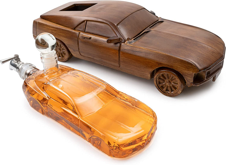 Car Wine & Whiskey Decanter Set 500ml by The Wine Savant 13" L - Wooden Car Figurine, Fastback Car Gifts, Bar Gifts, Parties, Birthdays
