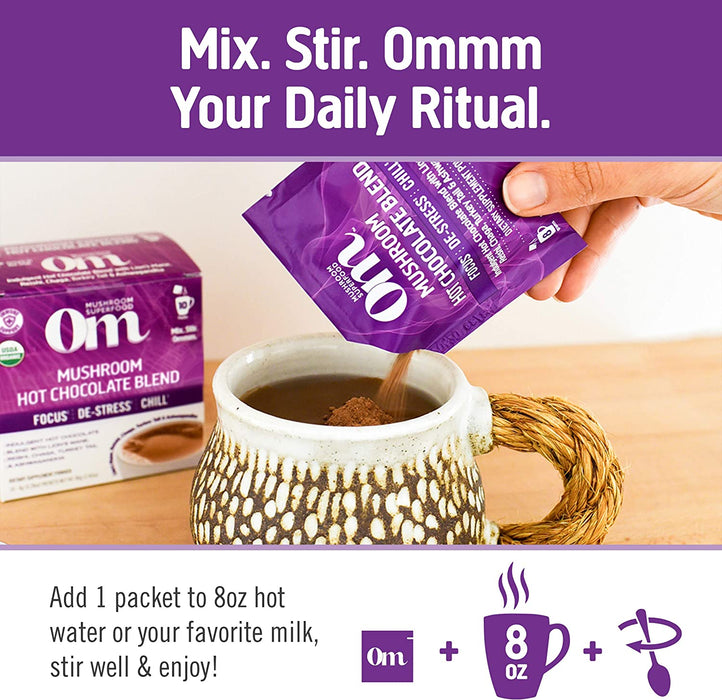 Om Mushroom Superfood Hot Chocolate Blend | Single Serve | 10 Count | Lion's Mane, Reishi, Chaga, Turkey Tail