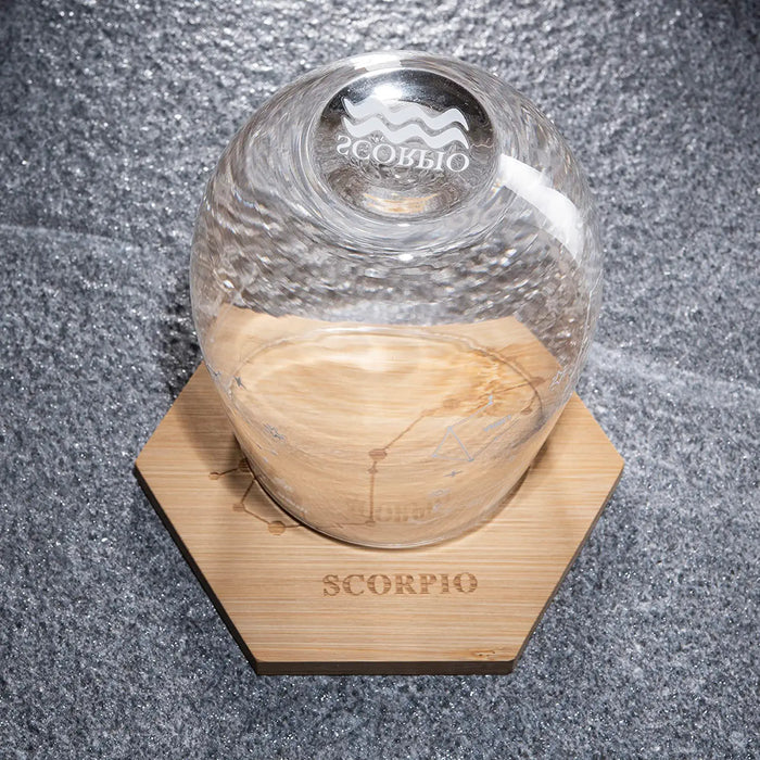 Set of 2 Zodiac Sign Wine Glasses with 2 Wooden Coasters by The Wine Savant - Astrology Drinking Glass Set with Etched Constellation Tumblers for Juice, Water Home Bar Horoscope Gifts 18oz (Scorpio)
