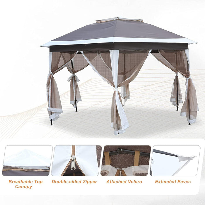 12Ft Outdoor Metal Patio Pop-Up Gazebo with Mesh Nettings for Parties and Outdoor Activities