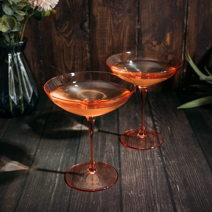 The Wine Savant Champagne Coupes 12oz Colorful Champagne Glasses, Prosecco, Mimosa Glasses Set, Cocktail Glass Set, Bar Glassware Luster Glasses (2, Orange)